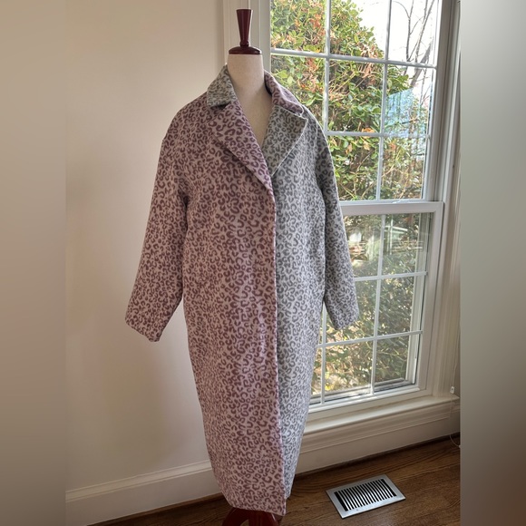 ASOS DESIGN PETITE Mix Gray Pink Leopard Cheetah Animal Print Brushed Coat - Picture 10 of 14